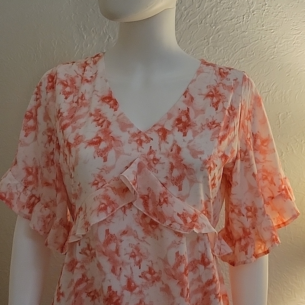 AGQT Flirty Coral Pink Watercolor Ruffle Mini Skater Dress Small - Picture 4 of 9